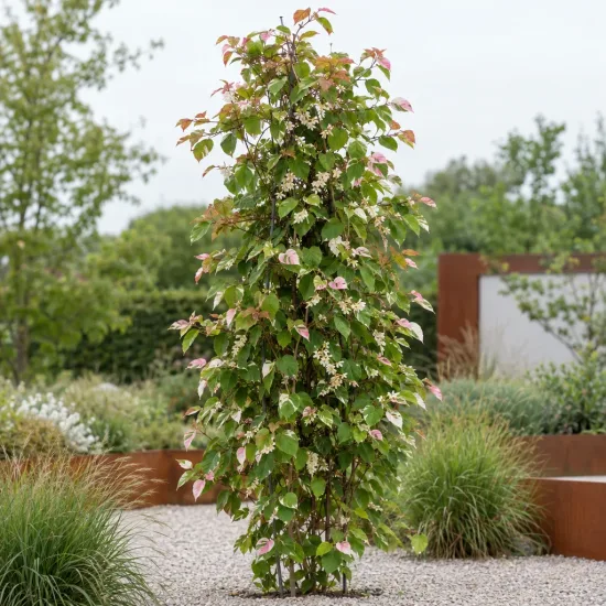 Kiwi arctique 'Adam' (Actinidia kolomita) — liane vigoureuse palissée au jardin minéral · Photo d'illustration