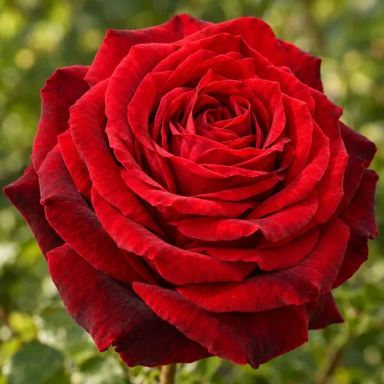 Rosier 'Messire delbard' (Rosa hybrida) — gros plan sur une rose rouge veloutée