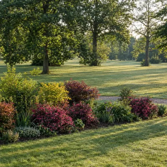 Weigelia 'Nana purpurea' (Weigela floribunda) — massif d’arbustes fleuris en bord de pelouse