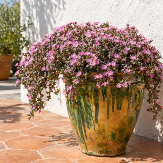 Succulente pour l'intérieur et l'extérieur (Oscularia deltoides) — plante retombante en fleurs roses dans grand pot · Photo d'illustration
