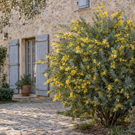 Mimosa d'hiver (Acacia cultriformis) — arbuste fleuri près d une maison en pierre · Photo d'illustration