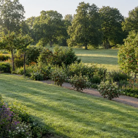 Griottier nain 'Jewel' (Prunus) — massif d’arbustes bas le long d’une allée · Photo d'illustration