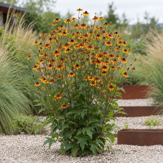 Rudbéckia à 3 feuilles 'Prairie glow' (Rudbeckia triloba) — touffe de fleurs jaunes bicolores dans jardin minéral · Photo d'illustration