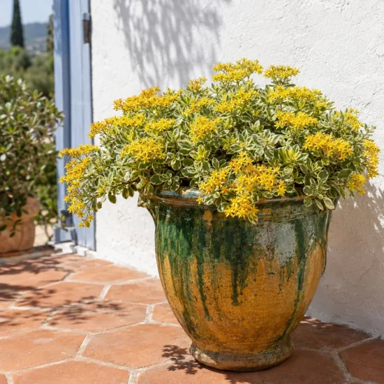 Orpin panaché 'The edge' (Sedum kamtschaticum) — plante fleurie jaune en grand pot vernissé sur terrasse · Photo d'illustration
