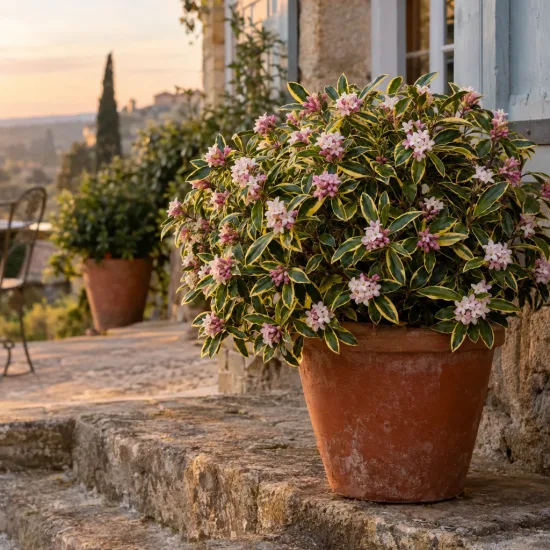Daphne odora 'Aureomarginata' — arbuste fleuri en pot sur terrasse ensoleillée · Photo d'illustration