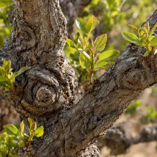 Pistachier vrai (Pistacia vera) — tronc noueux avec jeunes pousses feuillues vertes · Photo d'illustration