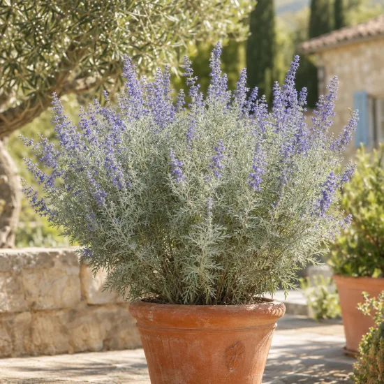 Sauge de sibérie 'Silvery blue' (Perovskia atriplicifolia) — grand arbuste fleuri en pot sur terrasse · Photo d'illustration