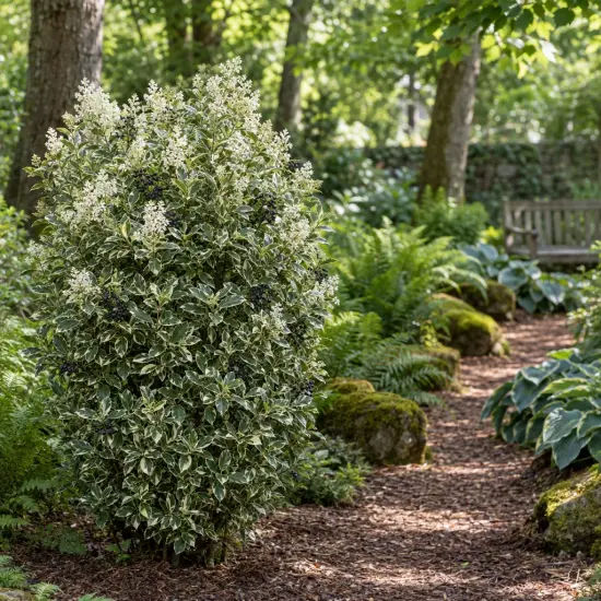 Troène du japon 'Silver star' (Ligustrum japonicum) — arbuste au feuillage panaché dans jardin ombragé