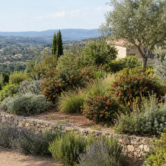 Millepertuis arbustif 'Kolmaref' (Hypericum inodorum) — massif arbustif coloré dans jardin méditerranéen en terrasse · Photo d'illustration