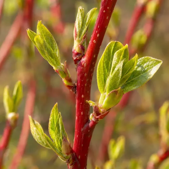 Cornouiller stolonifère 'Cardinal' (Cornus sericea) — jeunes pousses vertes sur tiges rouges · Photo d'illustration