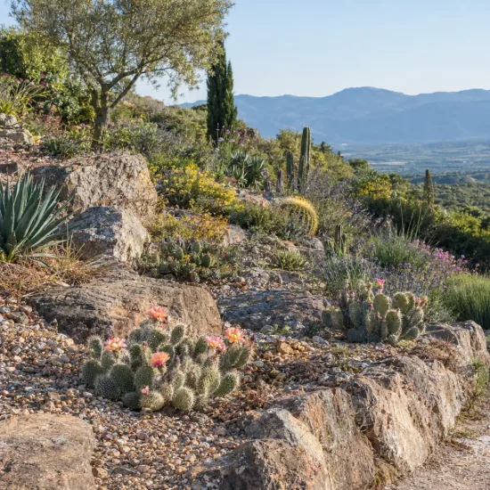 Figuier de barbarie 'Mug 119' (Opuntia hystricina) — cactées fleuries sur talus rocailleux en paysage