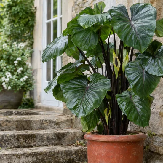 Oreille d'éléphant 'Black stem' (Colocasia esculenta) — grand feuillage vert foncé sur tiges sombres · Photo d'illustration