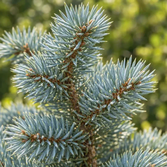 Epicéa du colorado 'Glauca' (Picea pungens) — gros plan sur aiguilles bleutées d’un conifère