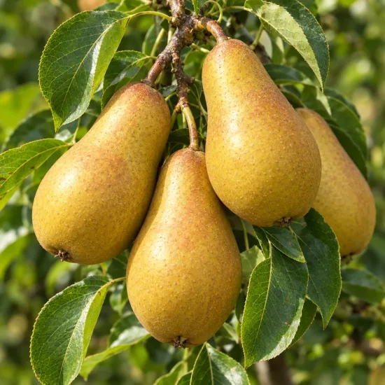 Poirier 'Delbard exquise' (Pyrus communis) — gros plan de plusieurs fruits sur branches feuillues · Photo d'illustration