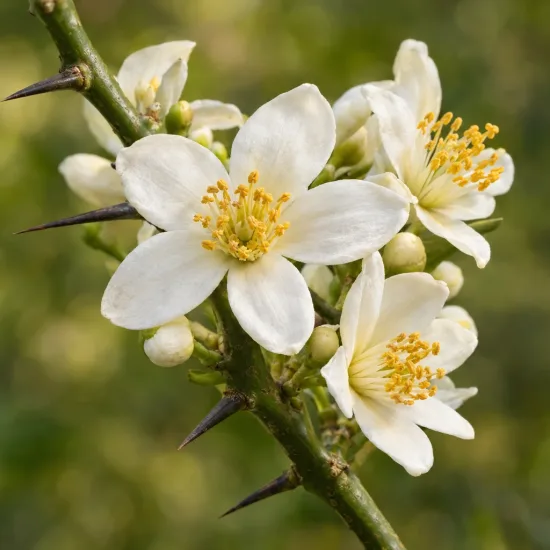 Oranger trifolié (Poncirus) — fleurs blanches ouvertes sur rameau vert très épineux
