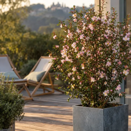 Camelia 'Fairy blush' (Camelia sasanqua) — arbuste fleuri rose en pot sur terrasse · Photo d'illustration