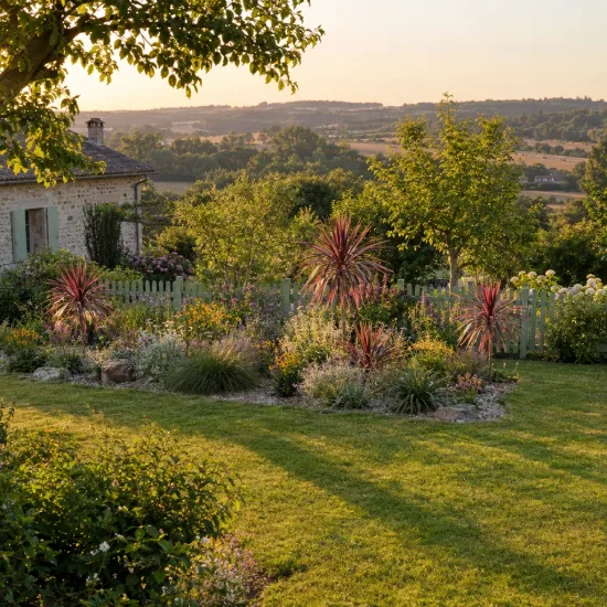 Cordyline australe 'Pacific sunrise' (Cordyline australis) — massif fleuri avec plantes graphiques au coucher du soleil · Photo d'illustration