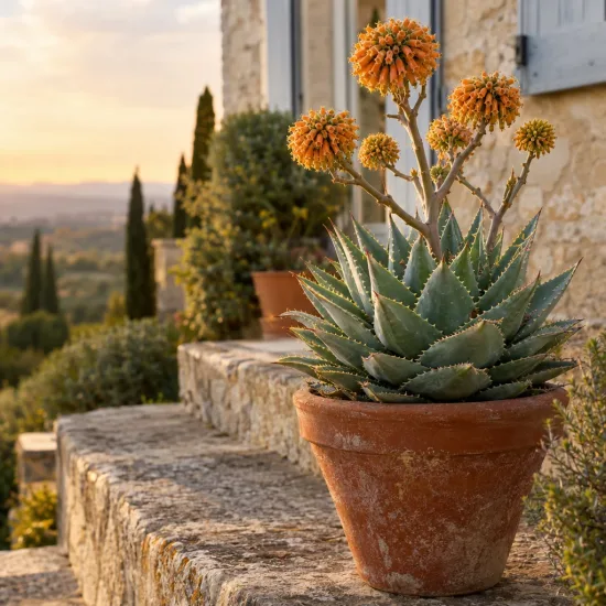 Aloès 'Ssp tsiroanomandidy' (Aloe capitata) — plante succulente en pot sur muret en pierre · Photo d'illustration
