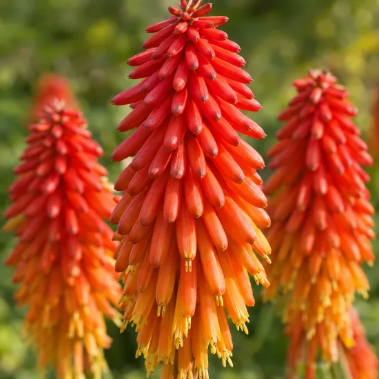Kniphofia 'Red hot popsicle' (Kniphofia uvaria) — épis floraux serrés rouge orangé en gros plan