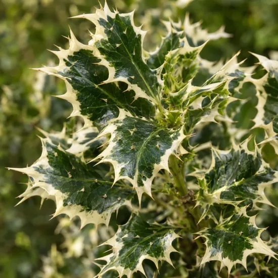 Houx commun 'Ferox argentea' (Ilex aquifolium) — gros plan sur feuilles panachées très épineuses
