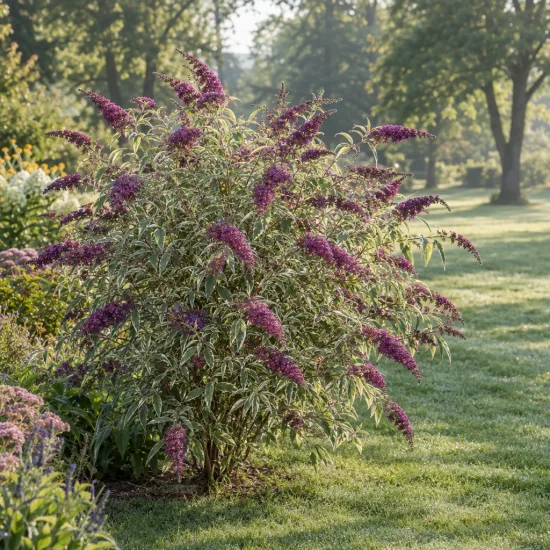 Arbre aux papillons panaché 'Harlequin' (Buddleia davidii) — arbuste aux longues grappes de fleurs mauves · Photo d'illustration
