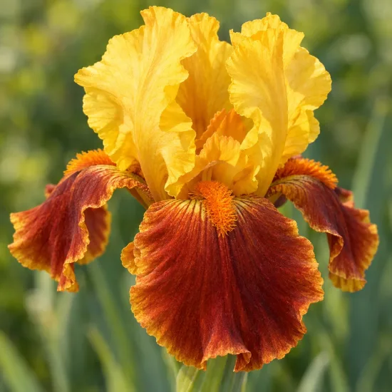 Iris d'allemagne 'Jaune et rouge cuivre' (Iris germanica) — gros plan de fleur bicolore jaune et cuivrée