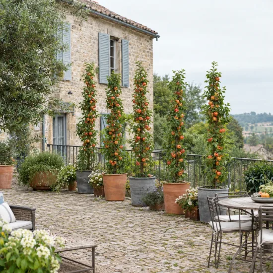 Pommier 'Ballerina polka' (Malus domestica) — arbres fruitiers en colonne sur terrasse en pierre · Photo d'illustration