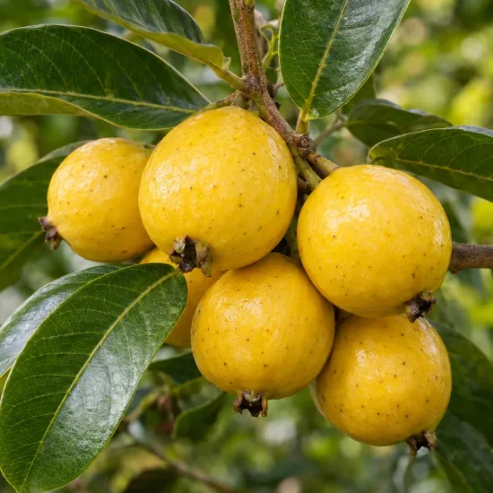 Goyavier de chine à fruits jaunes 'F. lucidum' (Psidium cattleyanum) — gros plan de grappes de fruits jaunes