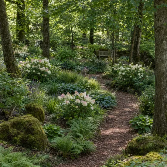 Hortensia paniculé 'Bobo' (Hydrangea paniculata) — massifs fleuris le long d’un sentier forestier · Photo d'illustration