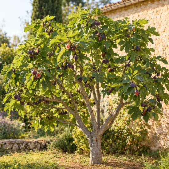 Figuier 'Violette d'argenteuil' (Ficus carica) — arbre fruitier au tronc clair couvert de fruits · Photo d'illustration