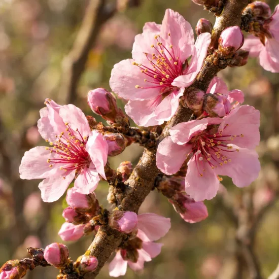 Pêcher 'Conserve' (Prunus persica) — fleurs rose pâle ouvertes sur rameau · Photo d'illustration