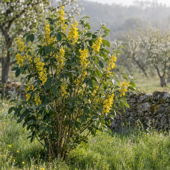 Cytise de l'himalaya (Piptanthus nepalensis) — arbuste fleuri jaune devant muret en pierre · Photo d'illustration