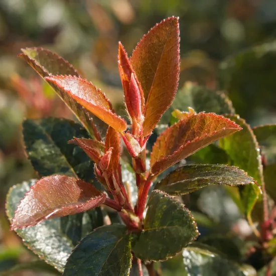 Raphiolépis du japon 'Minor' (Rhaphiolepis umbellata) — jeunes pousses rouges et feuilles vertes brillantes · Photo d'illustration
