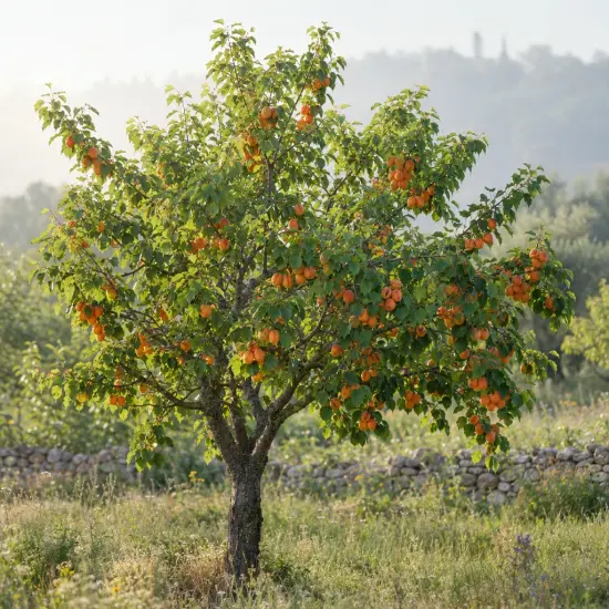 Abricotier 'Sungiant' (Prunus armeniaca) — arbre fruitier isolé chargé de fruits orange