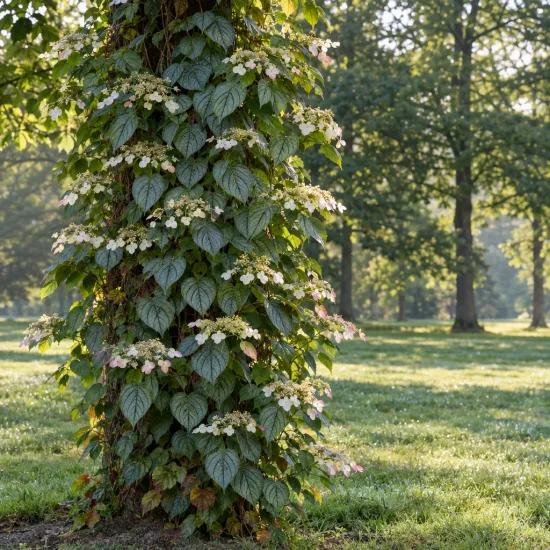 Hortensia grimpant du japon 'Moonlight' (Schizophragma hydrangeoides) — liane grimpante fleurie couvrant le tronc d’un arbre · Photo d'illustration