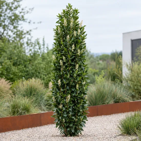 Laurier palme 'Genoliar mariblon' (Prunus laurocerasus) — arbuste étroit et dense planté en massif minéral · Photo d'illustration