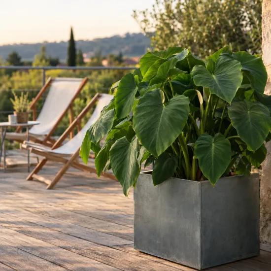 Colocasia oreille d’éléphant compacte 'Coco' (Colocasia esculenta) — grand feuillage luxuriant dans bac sur terrasse en bois · Photo d'illustration