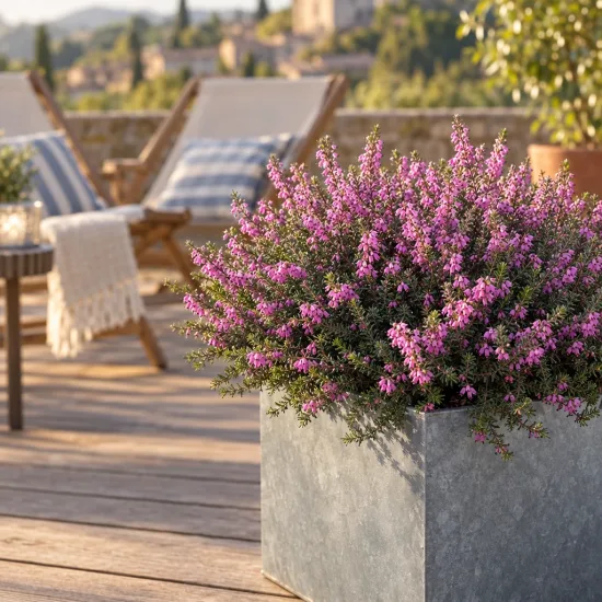 Bruyère 'George rendall rose pourpre' (Erica darleyensis) — massif de petites fleurs roses en bac · Photo d'illustration