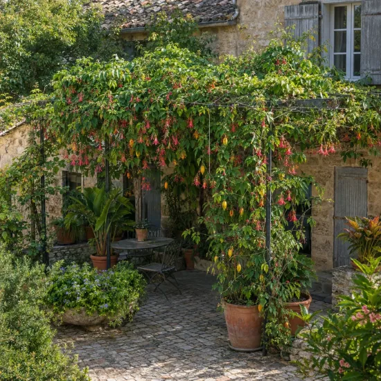 Plante grimpante (Passiflora antioquiensis) — plante grimpante fleurie couvrant une pergola de terrasse · Photo d'illustration