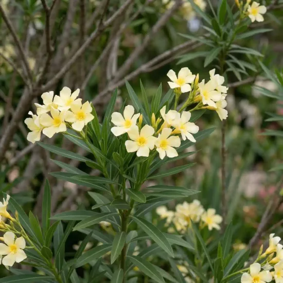 Laurier rose 'N?15 jaune clair fleurs simples' (Nerium oleander) — grappes de fleurs jaune pâle et feuillage allongé