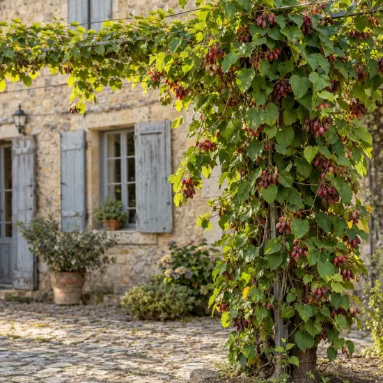 Kiwaï 'Ken's red' (Actinidia arguta) — liane fruitière grimpant sur pergola devant maison