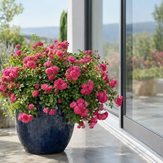 Rosier couvre-sol 'V19' (Rosa) — grand pot bleu avec nombreuses petites fleurs roses · Photo d'illustration