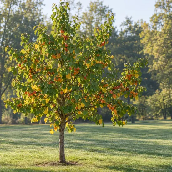 Abricotier 'Tardif de tain' (Prunus armeniaca) — arbre fruitier isolé couvert de fruits orangés