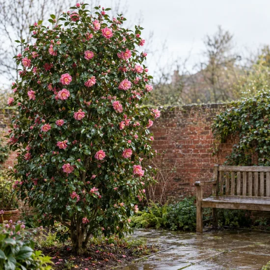 Camelia 'Charles colbert' (Camelia japonica) — grand arbuste fleuri près d'un banc de jardin · Photo d'illustration
