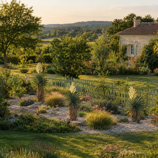 Yucca sentinelle bleu 'Blue sentry' (Yucca rigida) — massif sec de jardin avec plantes dressées fleuries · Photo d'illustration