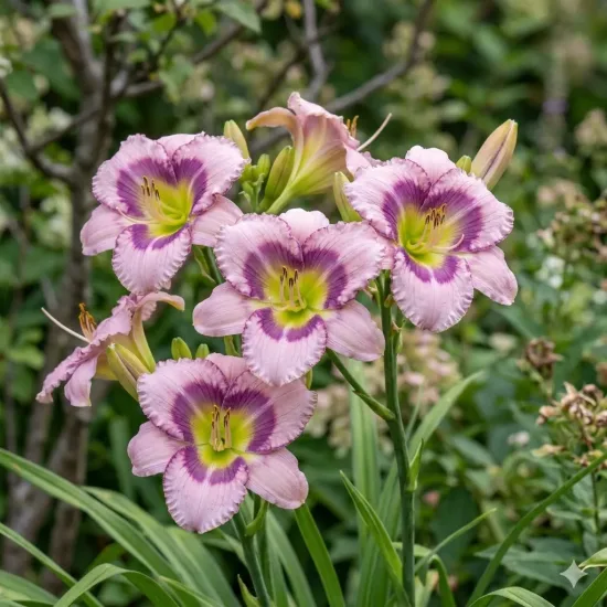 Hémérocalle 'Edge ahead' (Hemerocallis) — grappes de fleurs rose pâle à cœur violet