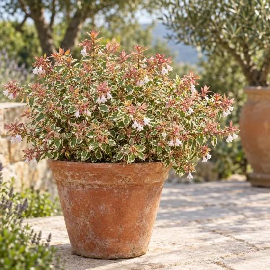 Abélia 'Pink lady' (Abelia grandiflora) — arbuste compact panaché en pot terracotta · Photo d'illustration