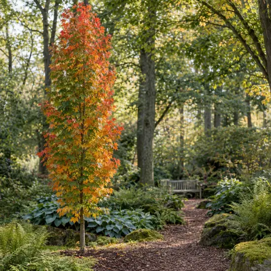 Érable rouge 'Armstrong' (Acer × freemanii) — arbre élancé coloré au bord d’un sentier