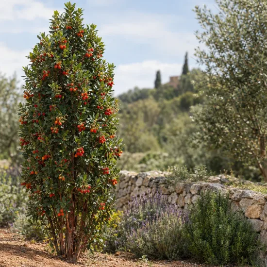 Arbousier ou arbre aux fraises compact 'Walter' (Arbutus unedo) — arbuste étroit couvert de fruits rouges au jardin · Photo d'illustration
