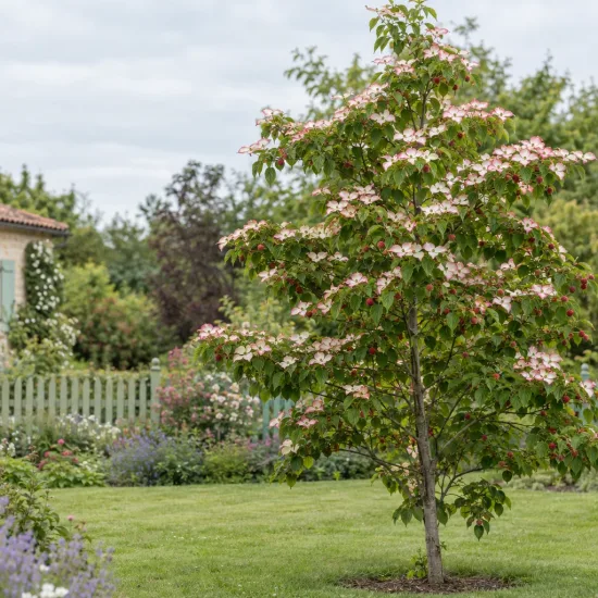 Cornouiller du japon 'Wieting s select' (Cornus kousa) — arbre fleuri isolé dans un jardin paysager · Photo d'illustration